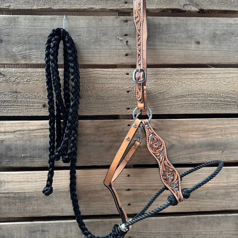 Black Floral Tooled Lariat & Leather Combo Halter 1