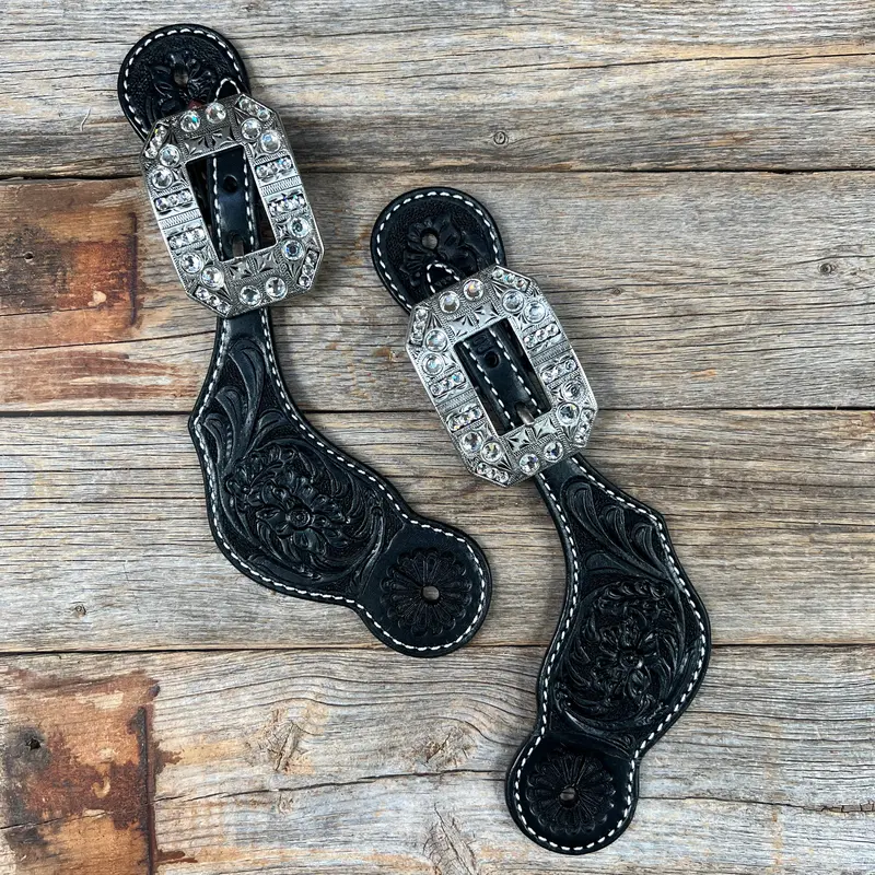 Black Floral Tooled Spur Straps - European Clear Buckles #Ss107 1