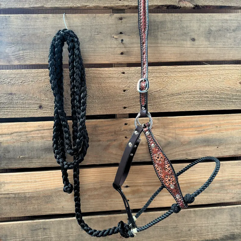Black Flower Power Tooled Lariat & Leather Combo Halter 1