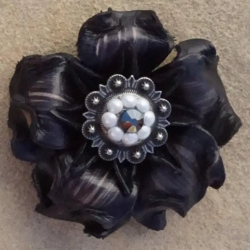 Black Gardenia Flower With Antique Silver Jet And Pearl 1" Concho 1