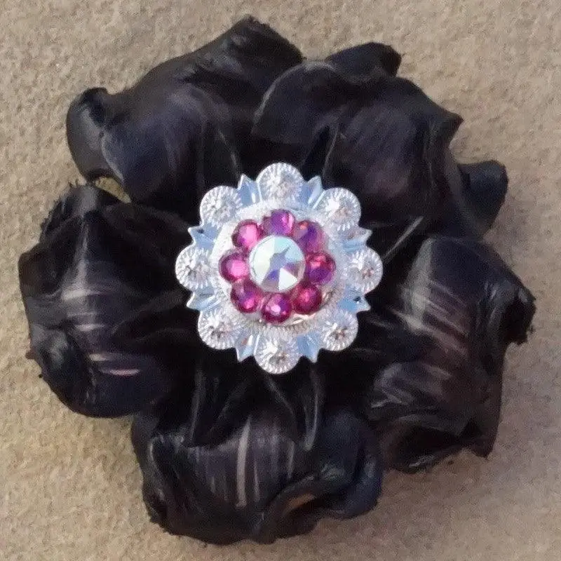 Black Gardenia Flower With Bright Silver Fuchsia And Ab 1" Concho 1