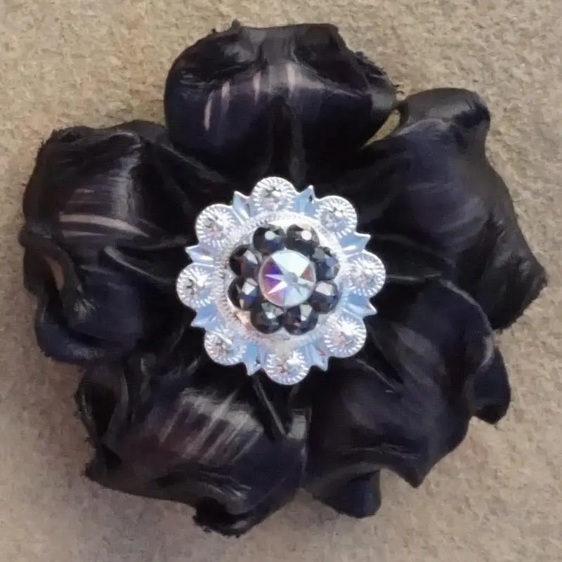 Black Gardenia Flower With Bright Silver Jet & Ab 1" Concho 1