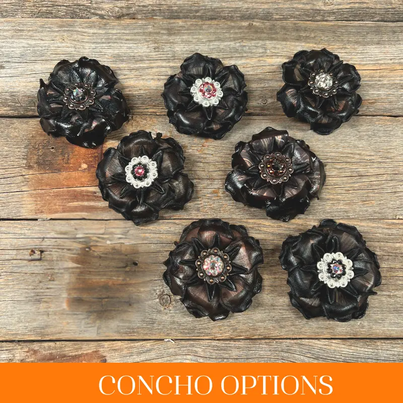 Black Gardenia Leather Flowers - 1" Crystal Conchos - Options 1