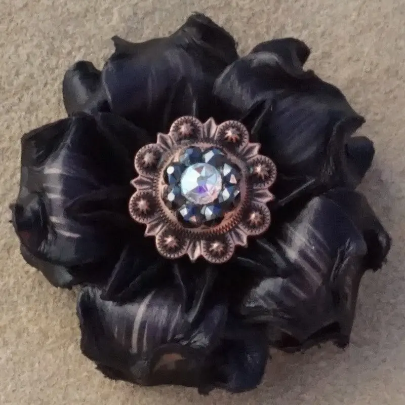 Black Gardenia Leather Flowers - 1" Crystal Conchos - Options 2