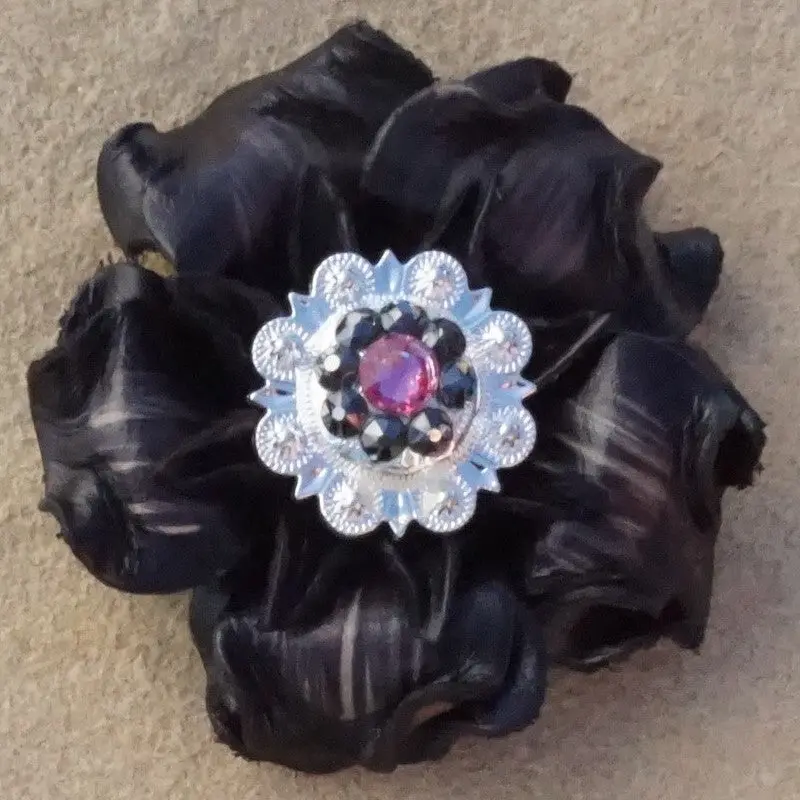 Black Gardenia Leather Flowers - 1" Crystal Conchos - Options 3