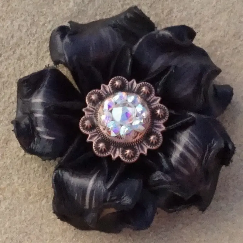 Black Gardenia Leather Flowers - 1" Crystal Conchos - Options 6