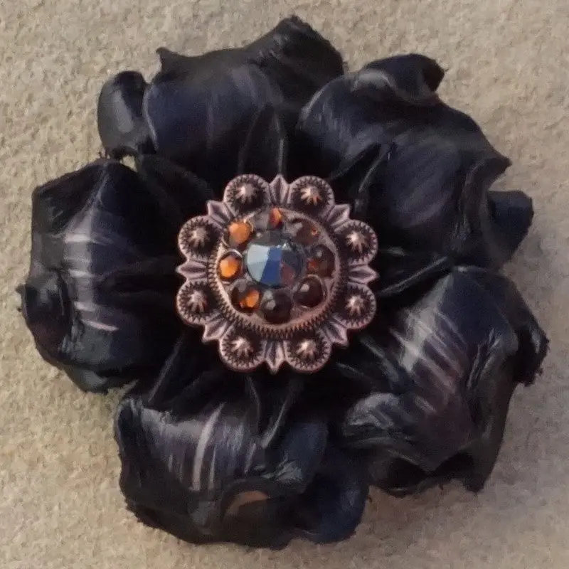 Black Gardenia Leather Flowers - 1" Crystal Conchos - Options 6