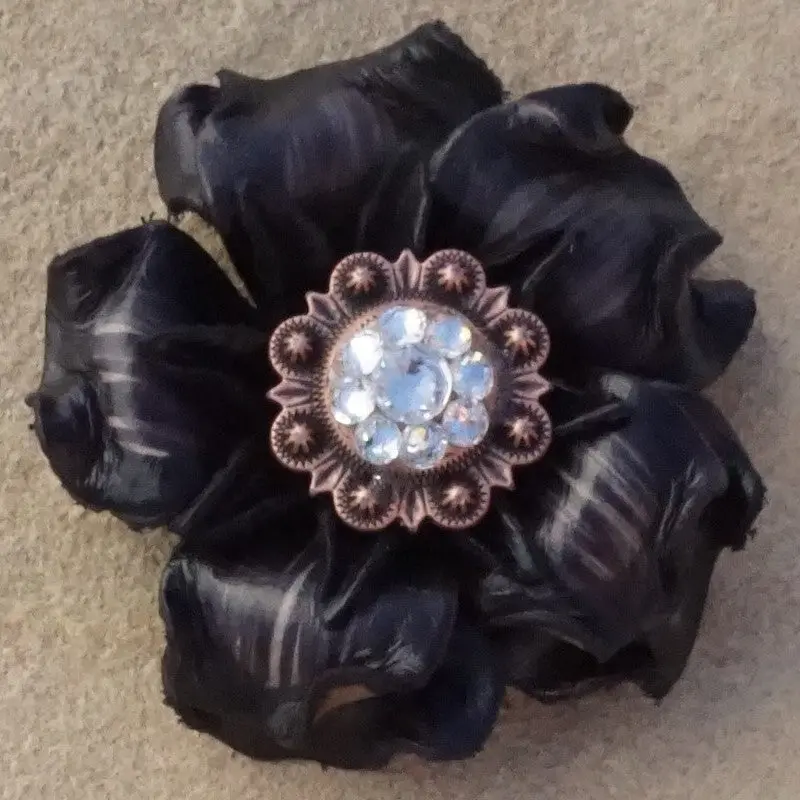 Black Gardenia Leather Flowers - 1" Crystal Conchos - Options 7