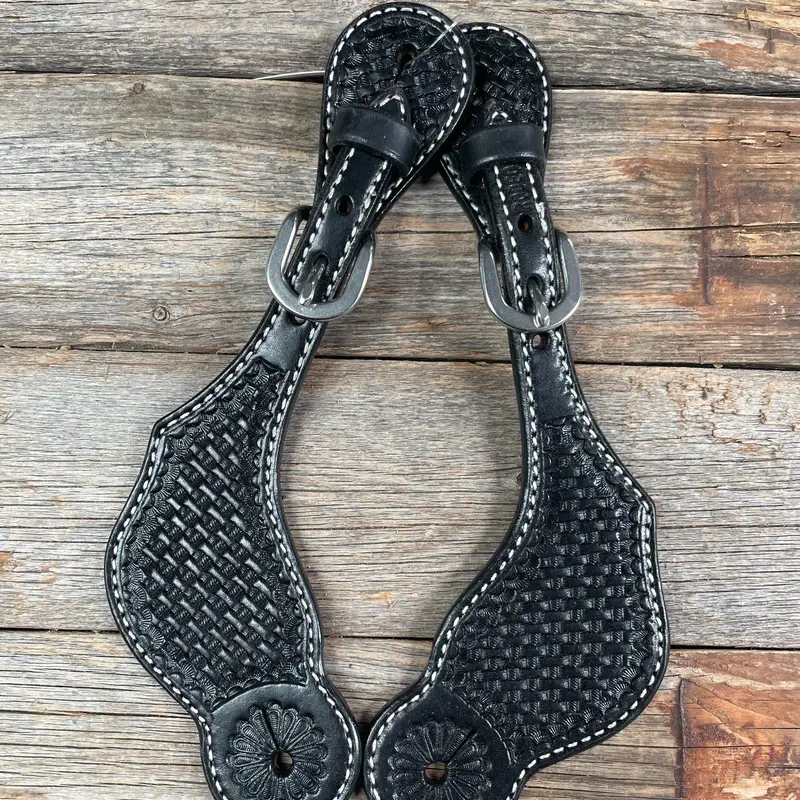Black Genuine Leather Basketweave Tooled Spur Straps 1