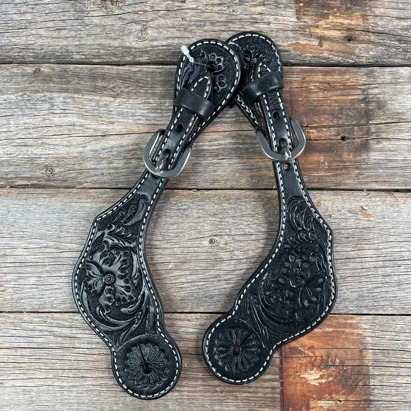 Black Genuine Leather Floral Tooled Spur Straps 1