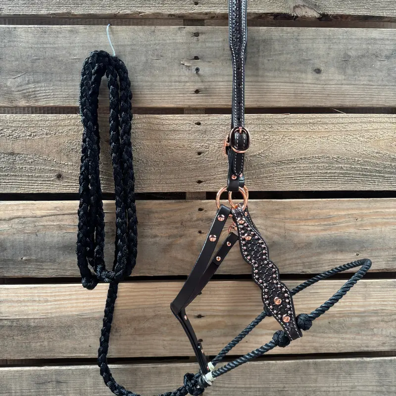 Black Honeycomb Tooled Lariat & Leather Combo Halter 1