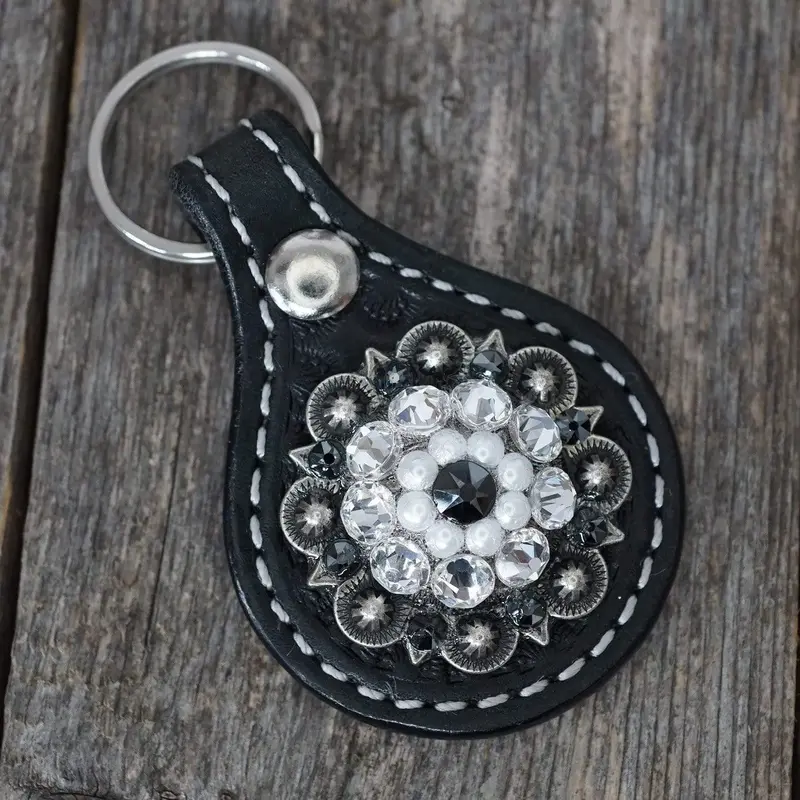 Black Key Chain With Jet And Pearl European Crystal Concho 1