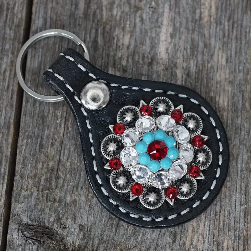 Black Key Chain With Red And Turquoise European Crystal Concho 1
