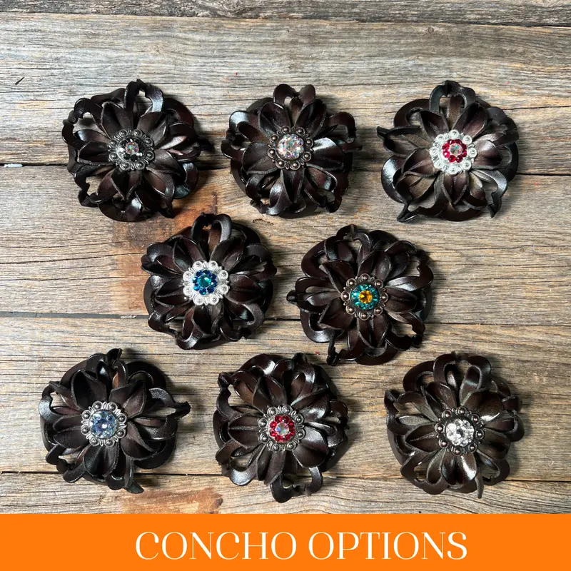 Black Lotus Leather Flowers - 1" Crystal Conchos - Options 1