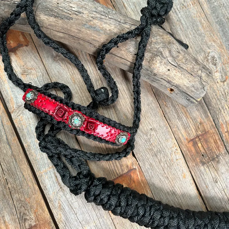 Black Mule Tape Halter - Red Rose And Turquoise #Mt220 1