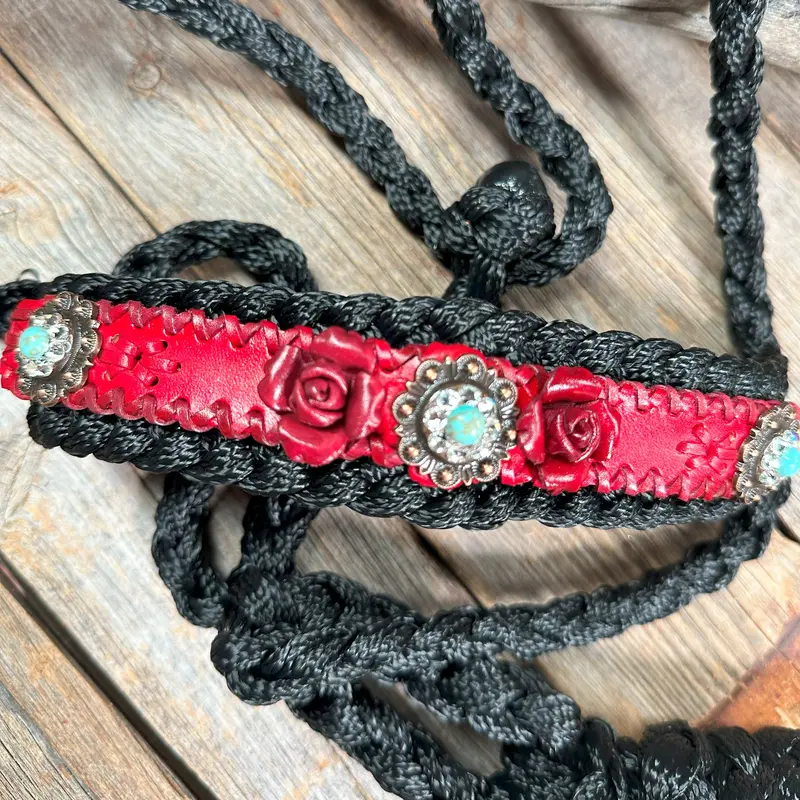 Black Mule Tape Halter - Red Rose And Turquoise #Mt220 2