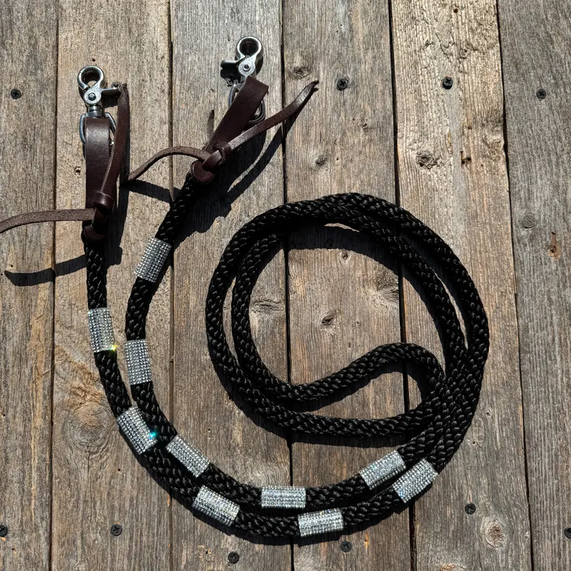 Black Nylon Barrel Racing Reins With Rhinestones #Bnr110 1