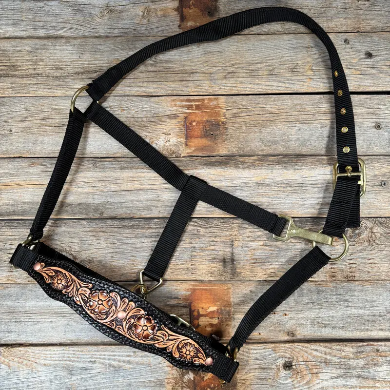 Black Nylon Halter With Floral Leather Noseband 1