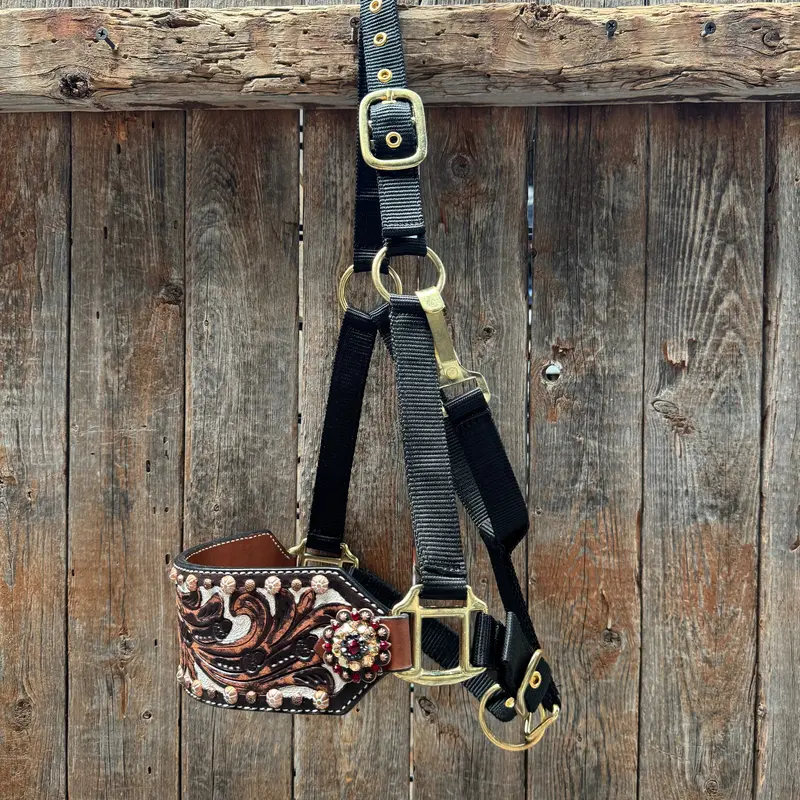 Black Nylon Horse Halter – Bronc Noseband With Crystal Conchos Nh100 1