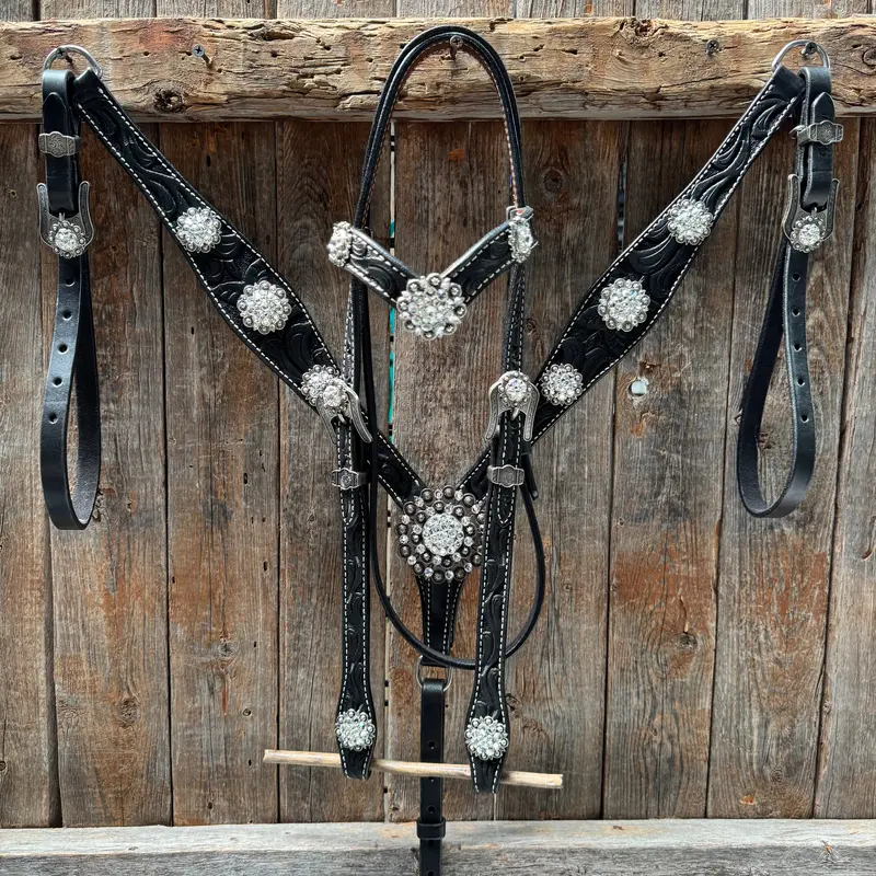 Black Oil V Brow Clear Browband & Breastcollar Tack Set #Bbbc683 1