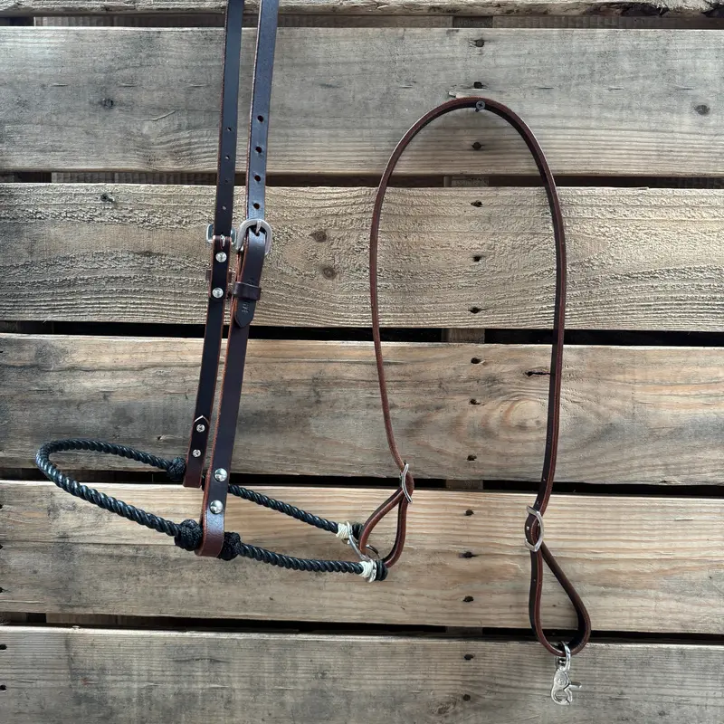 Black Single Rope Noseband Lariat With Leather Hanger #Han107 1