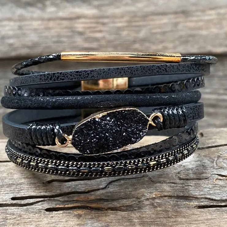 Black Stone And Leather Fashion Bracelet Xi134 1