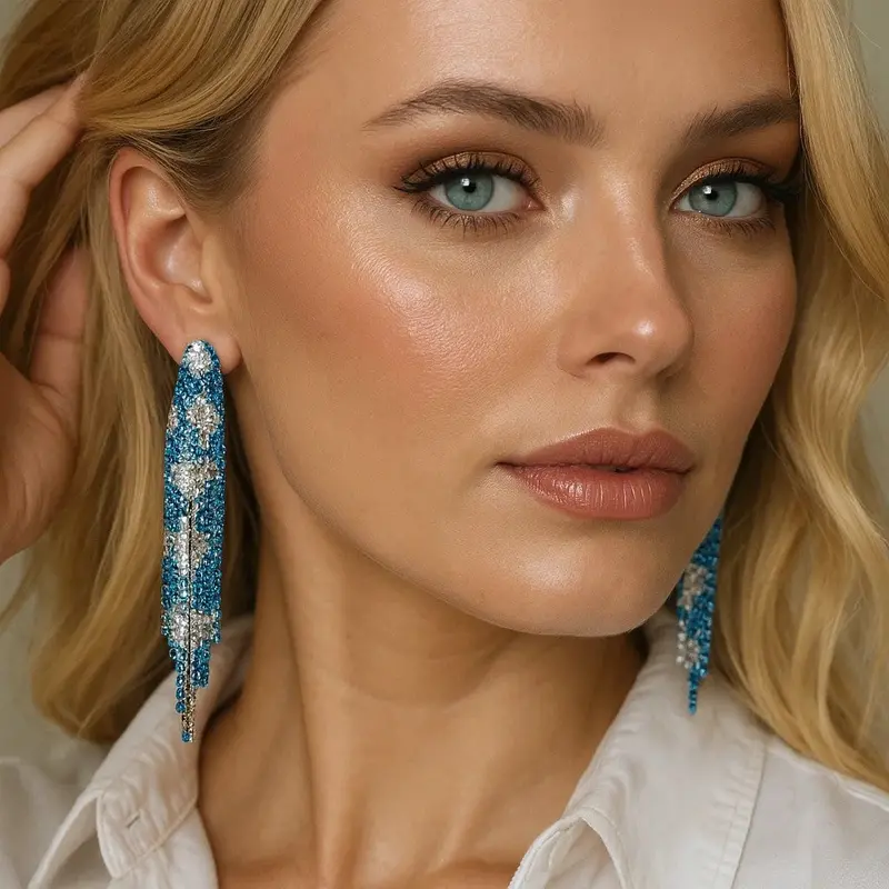 Blue And White Rodeo Inspired Rhinestone Dangle Fashion Earrings 1