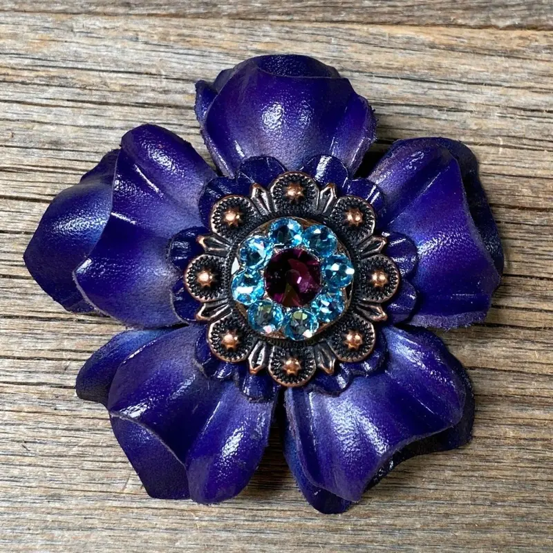 Blue Carnation Flower With Copper Amethyst & Aqua 1" Concho 1