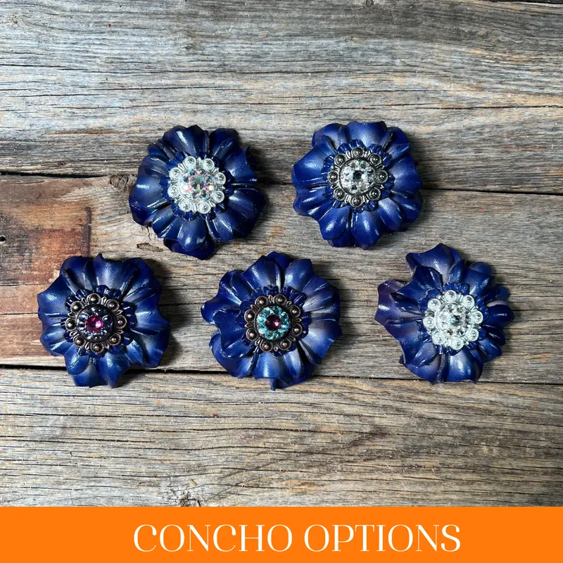 Blue Carnations Leather Flowers - 1" Crystal Conchos - Options 1