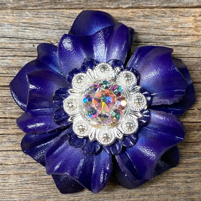 Blue Carnations Leather Flowers - 1" Crystal Conchos - Options 2