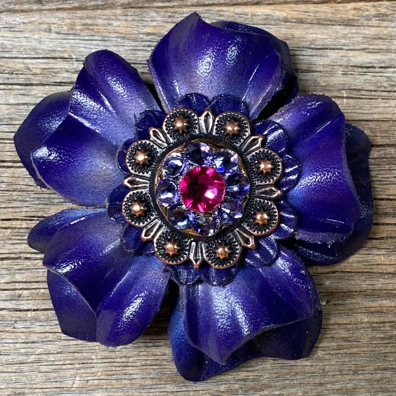 Blue Carnations Leather Flowers - 1" Crystal Conchos - Options 4
