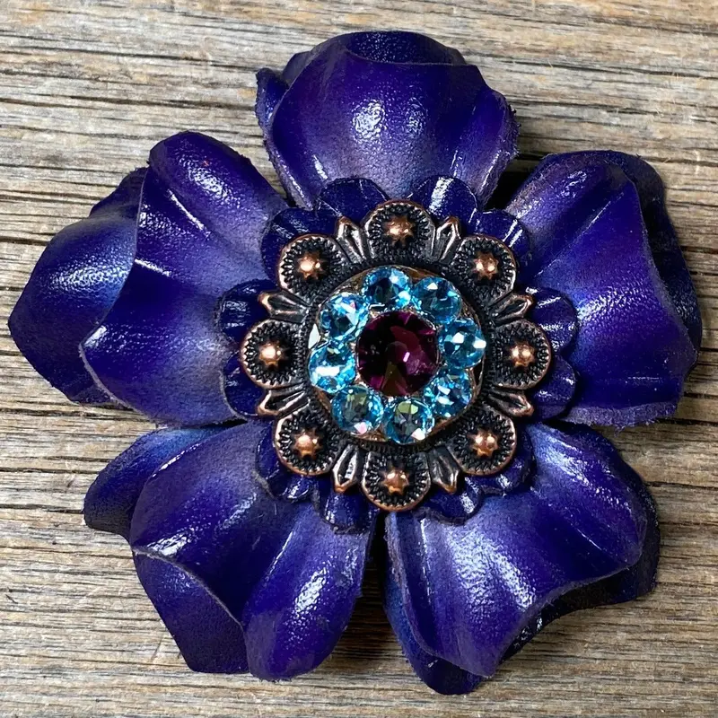 Blue Carnations Leather Flowers - 1" Crystal Conchos - Options 5