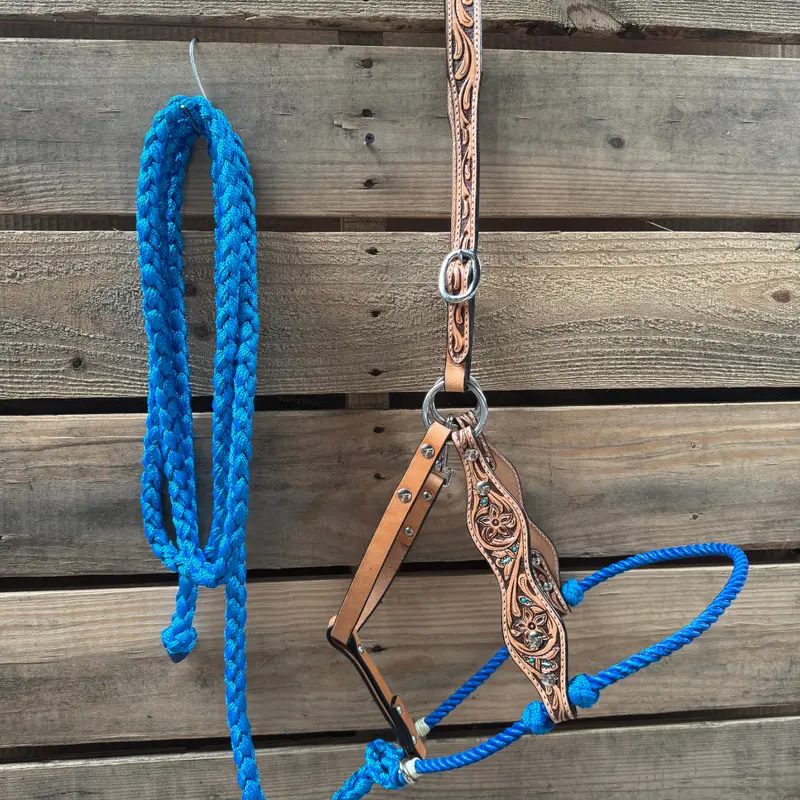 Blue Floral Tooled Lariat & Leather Combo Halter 1