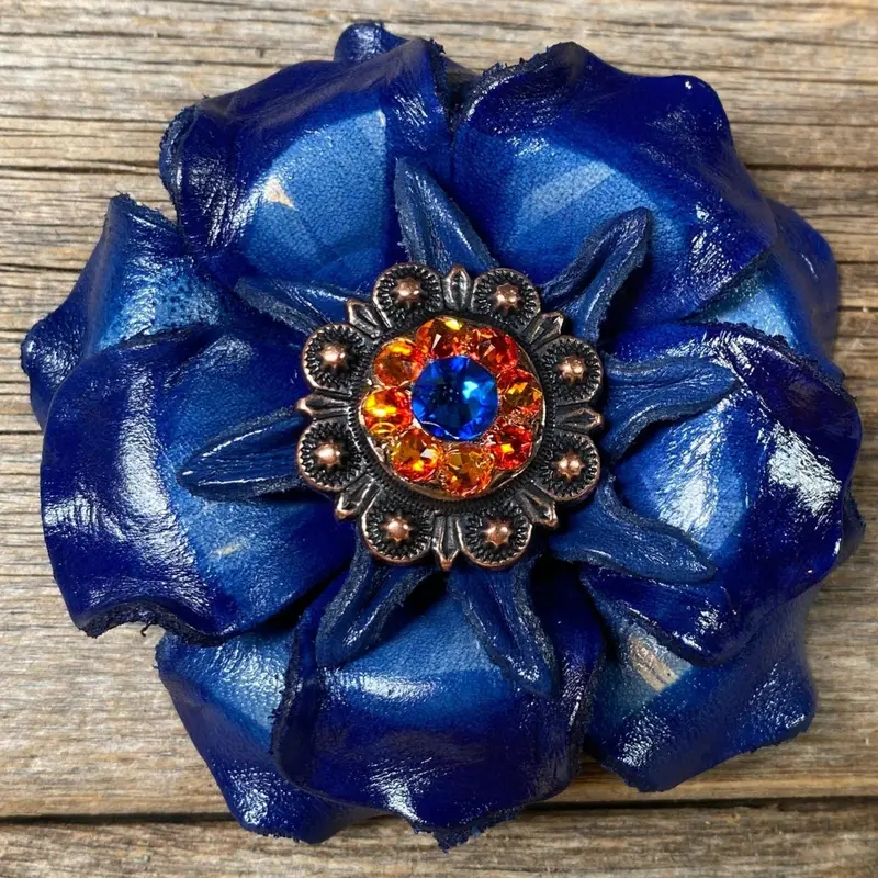 Blue Gardenia Flower With Copper Capri & Fire Opal 1" Concho 1