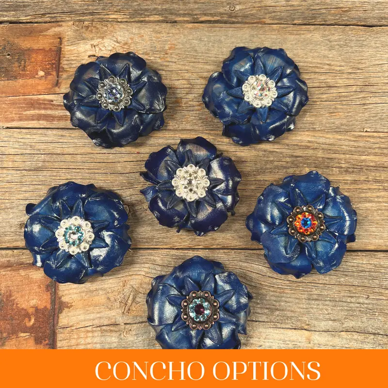 Blue Gardenia Leather Flowers - 1" Crystal Conchos - Options 1