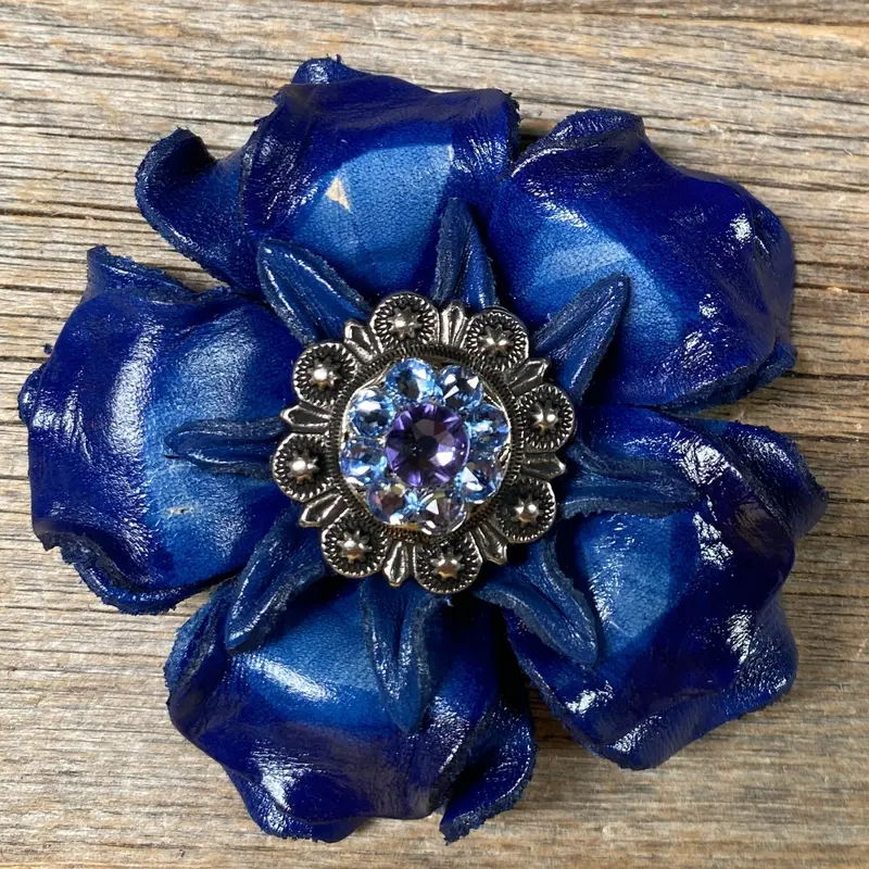 Blue Gardenia Leather Flowers - 1" Crystal Conchos - Options 2