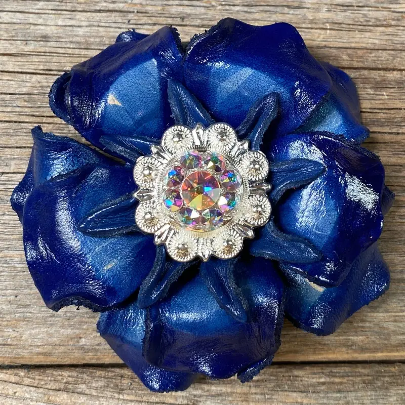 Blue Gardenia Leather Flowers - 1" Crystal Conchos - Options 3