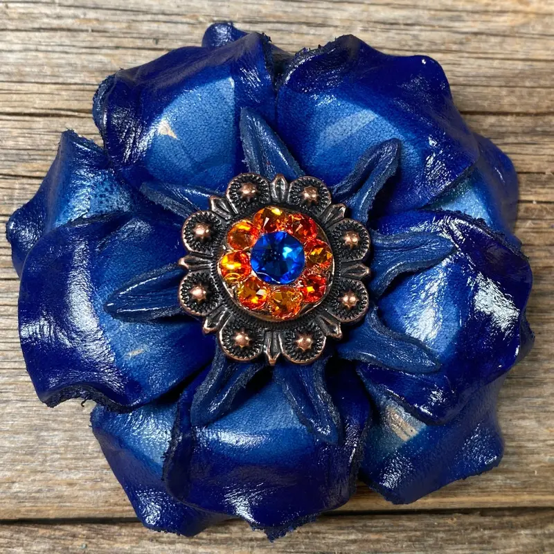 Blue Gardenia Leather Flowers - 1" Crystal Conchos - Options 6