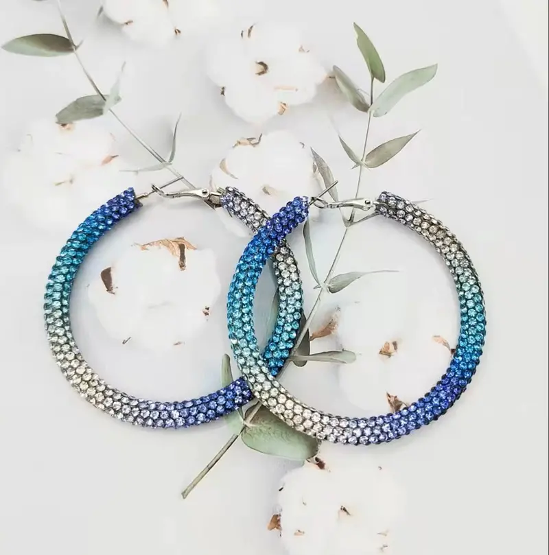 Blue, Green And Clear Western Bling Hoop Fashion Earrings 2
