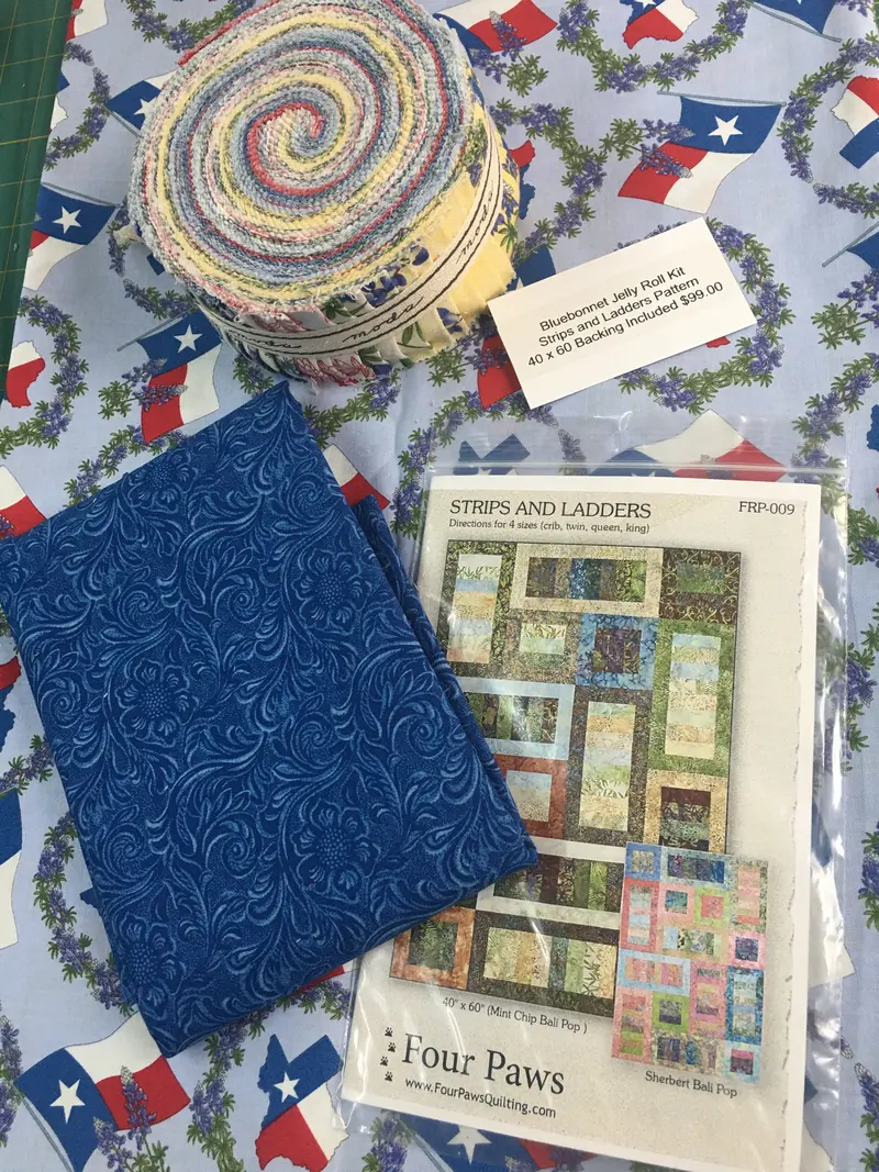 Bluebonnet Jelly Roll Kit Strips And Ladders Pattern 40 X 60. Kit Includes Fabric, Binding, Backing, & Pattern. 1
