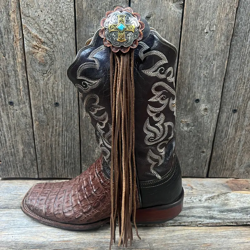 Boot Cuff Jewelry -  Antique Silver Cross Turquoise Concho - Fringe 1