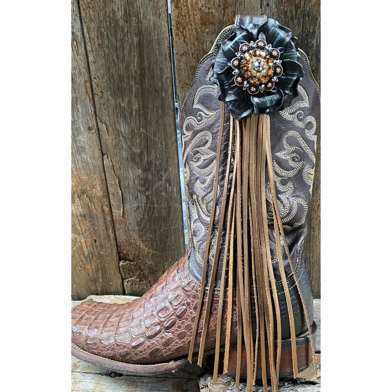 Boot Cuff Jewelry - Black Leather Flower - Copper Concho - Fringe 1