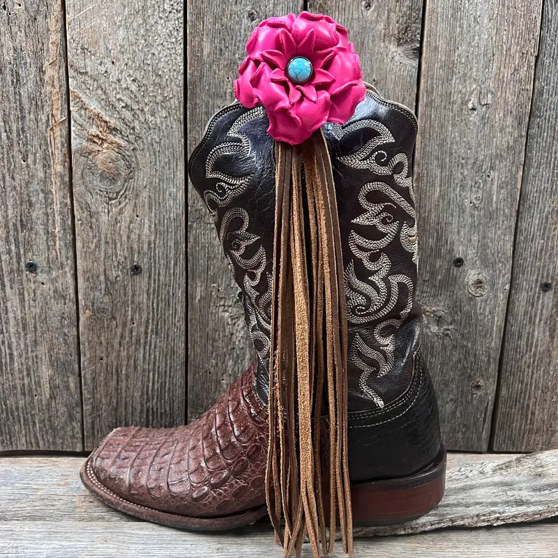 Boot Cuff Jewelry - Leather Pink Flower - Turquoise Concho - Fringe 1