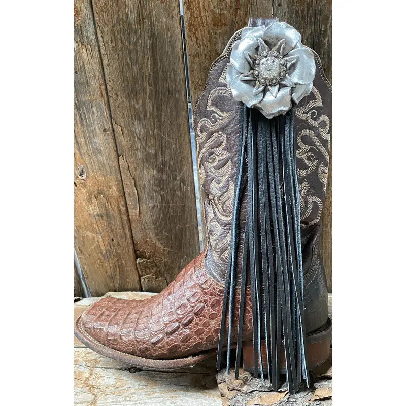 Boot Cuff Jewelry -Silver Leather Flower - Clear Concho - Fringe 1