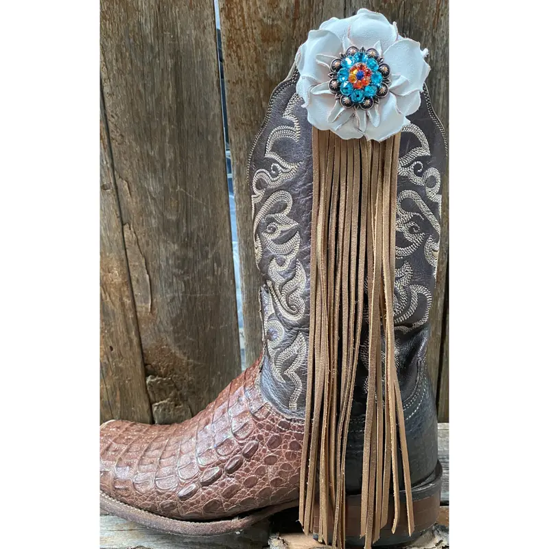 Boot Cuff Jewelry -White Leather Flower - Concho - Fringe 1