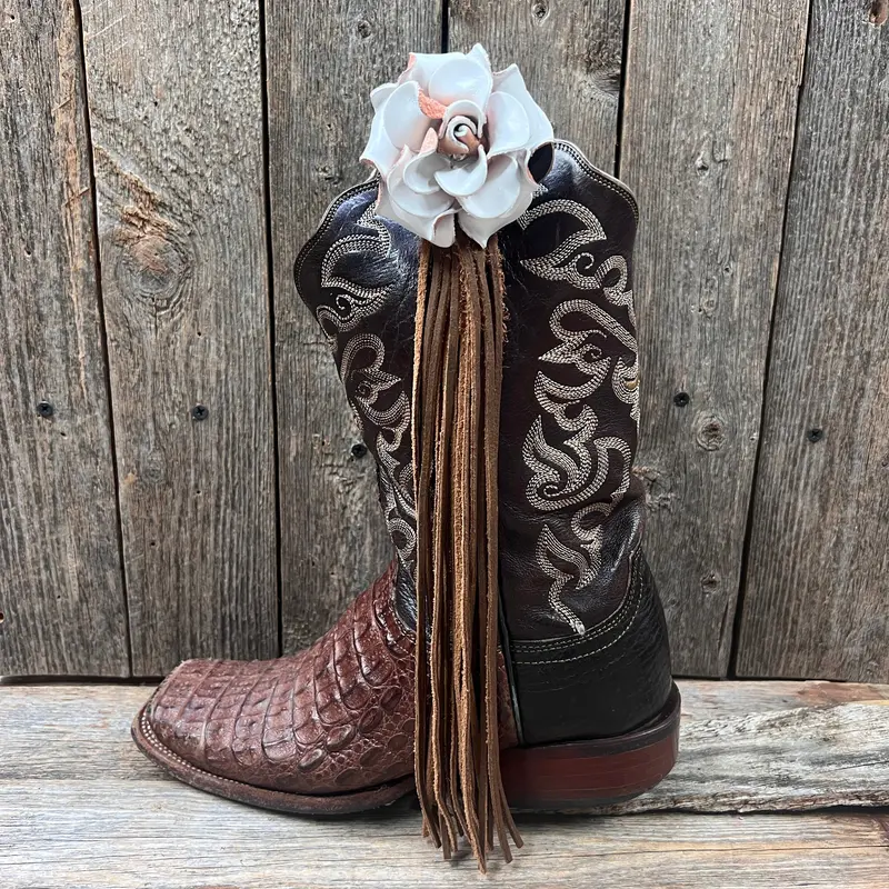 Boot Cuff Jewelry - White Leather Rose - Fringe 1