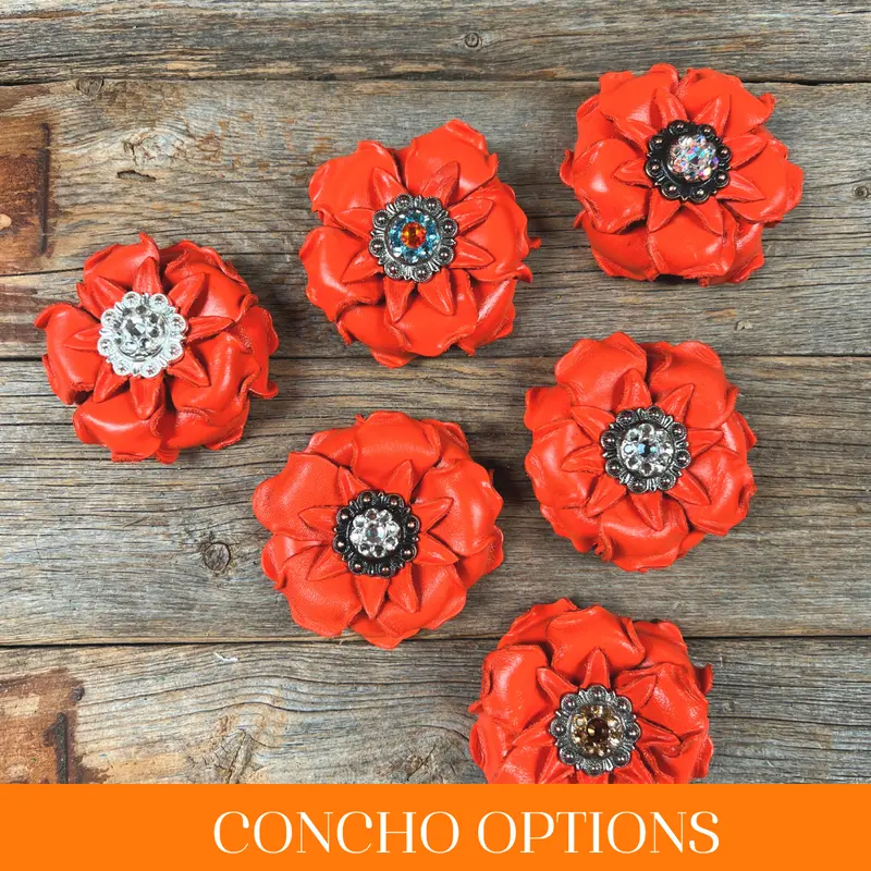 Bright Orange Gardenia Leather Flowers - 1" Crystal Conchos - Options 1