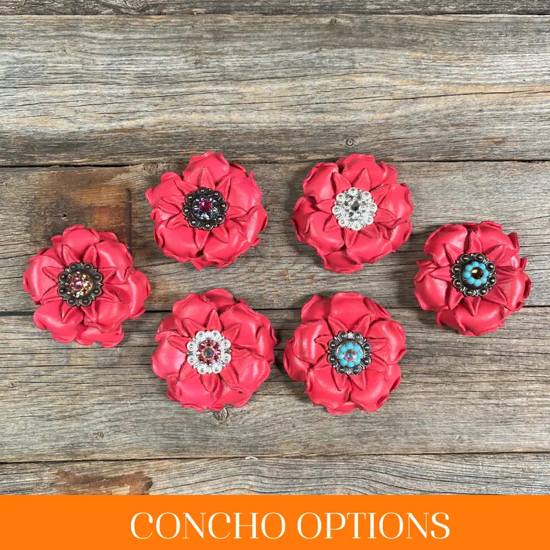Bright Pink Gardenia Leather Flowers - 1" Crystal Conchos - Options 1