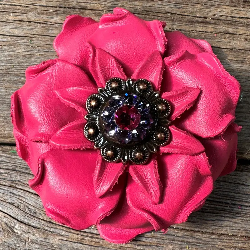 Bright Pink Gardenia Leather Flowers - 1" Crystal Conchos - Options 2
