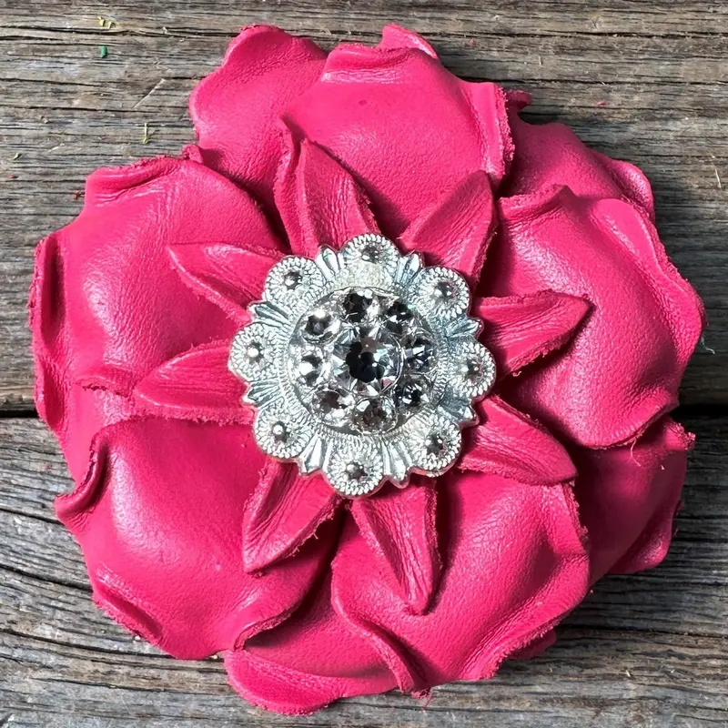 Bright Pink Gardenia Leather Flowers - 1" Crystal Conchos - Options 3